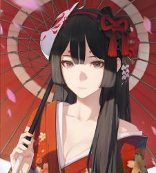 Rule 34 | 1girl, absurdres, black hair, blunt ends, breasts, cleavage, closed mouth, collarbone, feet out of frame, fingernails, hair between eyes, hair ornament, highres, holding, holding umbrella, japanese clothes, kimono, looking at viewer, mask, mask on head, original, red kimono, solo, umbrella, upper body, wave 61, yukata