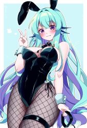 Rule 34 | 1girl, animal ears, aqua hair, breasts, collar, commentary, covered navel, detached collar, earrings, finana ryugu, fins, fishnet pantyhose, fishnets, hair between eyes, head fins, heart, highres, holding, holding collar, jewelry, kano3, leotard, long hair, looking at viewer, medium breasts, nijisanji, nijisanji en, pantyhose, playboy bunny, purple eyes, rabbit ears, solo, symbol-only commentary, thigh strap, v, very long hair, wrist cuffs
