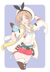 Rule 34 | atelier (series), atelier ryza, atelier ryza 1, bad id, bad twitter id, belt, blue belt, brown belt, brown eyes, flask, gloves, hair ornament, hairclip, hat, highres, jacket, jewelry, leather, leather belt, leather gloves, necklace, open mouth, red shorts, reisalin stout, round-bottom flask, shiosoda, short hair, short shorts, shorts, single glove, sleeveless, sleeveless jacket, solo, star (symbol), star necklace, yellow jacket