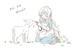 Rule 34 | 1girl, :d, ^ ^, animal, animal name, apron, boots, brown footwear, buttons, closed eyes, collared dress, commentary, dress, eating, facing animal, feeding, food, frilled sleeves, frills, goat, grass, highres, holding, holding food, holding grass, kagerou project, kozakura marry, long hair, on grass, open mouth, pink ribbon, ribbon, sa-fu (sfmk39), seiza, simple background, sitting, smile, solo, translated, twitter username, very long hair, white apron, white background, white hair, white theme