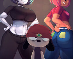 Rule 34 | 1boy, 2girls, ass, beanie, black hair, breasts, choker, crop top, denim, drawfag, furry, grin, groin, hand on own hip, hat, head out of frame, highres, jeans, lammy (um jammer lammy), large breasts, midriff, multiple girls, navel, orange hair, pants, parappa, parappa the rapper, rammy (um jammer lammy), short hair, smile, spakka5, tail, third-party edit, toned female, toned stomach, um jammer lammy