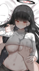 Rule 34 | 1girl, absurdres, black hair, blue archive, grabbing another&#039;s breast, breasts, cleavage, clothes lift, doldol (rkwowlqrp), grabbing, guided breast grab, guiding hand, hair ornament, hairclip, halo, hand under clothes, hand up, highres, large breasts, long hair, lying, navel, on back, on bed, red eyes, rio (blue archive), shadow, shirt lift, sweat, turtleneck, underboob
