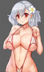 Rule 34 | 1girl, alternate costume, areola slip, bare shoulders, bikini, black ribbon, blush, breasts, cleavage, collarbone, covered erect nipples, enarane, flower, girls&#039; frontline, grey background, groin, hair flower, hair ornament, hair ribbon, hip focus, large breasts, long hair, looking at viewer, micro bikini, navel, out-of-frame censoring, red eyes, revealing clothes, ribbon, shiny skin, sideboob, silver hair, simple background, slingshot swimsuit, smile, solo, spas-12 (girls&#039; frontline), strap pull, swept bangs, swimsuit, thighs, twintails, underboob, wavy hair