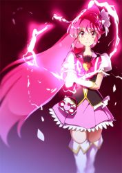 Rule 34 | 1girl, angry, boots, bow, brooch, cure lovely, hair ornament, happinesscharge precure!, heart, heart brooch, heart hair ornament, long hair, looking at viewer, magical girl, pink bow, pink eyes, pink hair, pink skirt, ponytail, precure, puffy short sleeves, puffy sleeves, short sleeves, skirt, solo, thigh boots, thighhighs, white footwear, wide ponytail, yuto (dialique), zettai ryouiki