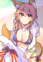 Rule 34 | 1girl, animal ears, bad id, bad pixiv id, bikini, blue bikini, blush, breasts, cleavage, fate/grand order, fate (series), fox ears, fox tail, hat, highres, kaenuco, large breasts, long hair, looking at viewer, navel, pink hair, solo, swimsuit, tail, tamamo (fate), tamamo no mae (fate/extra), tamamo no mae (swimsuit lancer) (fate), tamamo no mae (swimsuit lancer) (third ascension) (fate), yellow eyes