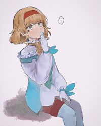Rule 34 | ..., 1girl, ascot, blonde hair, blue bow, blunt bangs, boots, bow, brown pantyhose, closed mouth, collar, commentary, covering own mouth, dress, feet out of frame, frilled collar, frills, gloves, green eyes, hairband, high collar, highres, light blush, long sleeves, looking up, medium hair, natalia luzu kimlasca lanvaldear, orange hairband, pantyhose, simple background, sitting, solo, speech bubble, spoken ellipsis, tales of (series), tales of the abyss, thigh boots, vampire mnk, white gloves, wrist bow, yellow ascot