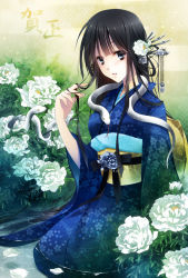 Rule 34 | 1girl, black hair, blue eyes, drugstore04, female focus, flower, hair ornament, japanese clothes, kanji, kimono, long hair, looking at viewer, original, sitting, snake, solo, traditional clothes, water