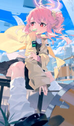 Rule 34 | 1girl, ahoge, black footwear, black skirt, blue archive, day, drum, drumsticks, food, halo, holding, holding drumsticks, instrument, jacket, long hair, long sleeves, macaron, mouth hold, natsu (band) (blue archive), natsu (blue archive), official alternate costume, omurice (304975636), open clothes, open jacket, outdoors, pink hair, pink halo, red eyes, shirt, shoes, sitting, skirt, socks, solo, white shirt, white socks, yellow jacket