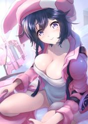 Rule 34 | 1girl, animal hat, artist request, bed, black hair, blush, bottomless, breasts, cabbie hat, cleavage, collarbone, cosplay, day, dressing, dutch angle, embarrassed, female focus, gun, hat, head tilt, indoors, jacket, kohiruimaki karen, large breasts, llenn (sao), llenn (sao) (cosplay), long sleeves, looking at viewer, low-cut, naked shirt, nipples, no bra, on bed, open clothes, open jacket, p-chan (sao), pants, pink hat, pink jacket, pink pants, purple eyes, rabbit hat, see-through, shirt, short hair, sitting, solo, sword art online, sword art online alternative: gun gale online, tareme, weapon, white shirt