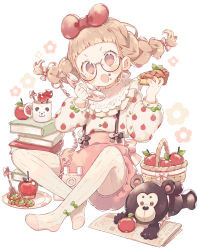 Rule 34 | 1girl, :o, apple, apple pie, apple print, bad id, bad pixiv id, basket, bear, blunt bangs, book, book stack, bow, braid, candy apple, child, cup, eating, food, food on face, fruit, full body, glasses, hair bow, highres, long sleeves, looking at viewer, mug, original, pantyhose, phone, plate, puffy long sleeves, puffy sleeves, red bow, short twintails, simple background, sitting, solo, suspenders, twin braids, twintails, uekura eku, white background, white pantyhose