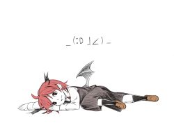 Rule 34 | 1girl, :d, ahoge, alternate hair length, alternate hairstyle, arm up, bat wings, colorized, emoticon, head wings, kneehighs, koakuma, leg up, loafers, low wings, lying, necktie, on side, open mouth, red eyes, red hair, shoes, short hair, skirt, skirt set, smile, socks, solo, takeuma, touhou, vest, wings
