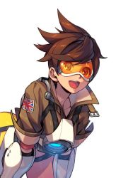Rule 34 | 1girl, :d, bad id, bad twitter id, blizzard (company), bomber jacket, brown hair, chest harness, english flag, harness, jacket, kotatsu (g-rough), leaning forward, open mouth, overwatch, overwatch 1, short hair, smile, tracer (overwatch), union jack, visor