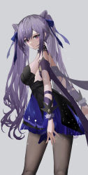 Rule 34 | 1girl, absurdres, bare shoulders, black collar, black dress, black pantyhose, blue dress, blue ribbon, braid, breasts, brown eyes, collar, cone hair bun, dress, genshin impact, hair bun, hair ribbon, highres, keqing (genshin impact), large breasts, long hair, looking at viewer, multicolored clothes, multicolored dress, pantyhose, purple hair, raiya atelier, ribbon, simple background, solo, strapless, strapless dress, white background