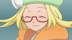 Rule 34 | 1girl, bianca (pokemon), blonde hair, closed eyes, closed mouth, commentary request, creatures (company), game freak, glasses, green hat, hat, medium hair, nintendo, pokemon, pokemon bw2, smile, solo, upper body