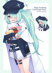 Rule 34 | 1girl, asymmetrical bangs, belt, black belt, black sweater, blue archive, blush, cabbie hat, coromonaka, green eyes, hair ornament, hair over one eye, hairclip, hat, highres, hiyori (blue archive), light green hair, long hair, open mouth, pouch, scarf, side ponytail, skirt, solo, sweater, thigh pouch, white scarf, white skirt