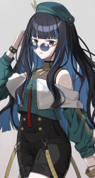 1girl absurdres arm_up bare_shoulders beret black_eyes black_hair black_shorts blue_hair bracelet colored_inner_hair commentary_request cowboy_shot fate/grand_order fate_(series) green_hat green_jacket grey_background hat highres jacket jewelry long_hair long_sleeves looking_at_viewer masaruokayama multicolored_hair neck_ring o-ring off_shoulder open_mouth shorts simple_background solo streaked_hair sunglasses tenochtitlan_(fate) tenochtitlan_(second_ascension)_(fate) wavy_hair wet zipper