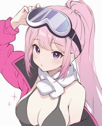Rule 34 | 1girl, arm up, bikini, black bikini, blue archive, blush, breasts, cleavage, eimi (blue archive), eimi (swimsuit) (blue archive), goggles, goggles on head, highres, jacket, large breasts, long hair, long sleeves, looking at viewer, open clothes, open jacket, parted lips, pink eyes, pink hair, pink jacket, ponytail, scarf, simple background, solo, soybean (hisoybean), swimsuit, upper body, very long hair, white background, white scarf