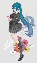 Rule 34 | 1girl, black footwear, black jacket, black necktie, black skirt, black socks, blue hair, blush, breasts, buttons, closed eyes, closed mouth, collared shirt, expressionless, floating hair, flower, flower request, grey background, hair between eyes, hatsune miku, highres, holding, holding flower, jacket, leaf, loafers, long hair, medium breasts, necktie, own hands together, pecchii, pink flower, pleated skirt, red flower, saihate (vocaloid), shirt, shoes, sidelocks, signature, simple background, skirt, sleeves past wrists, socks, solo, standing, standing on one leg, twintails, vocaloid, white flower, white shirt, yellow flower