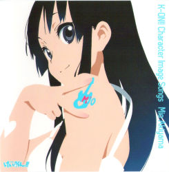 Rule 34 | 1girl, akiyama mio, album cover, bare shoulders, black hair, bodypaint, character single, cover, dress, grey eyes, heart, highres, hime cut, horiguchi yukiko, k-on!, long hair, official art, reference work, scan, scan artifacts, simple background, solo, v