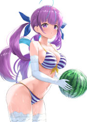 Rule 34 | 1girl, ahoge, bare shoulders, bikini, braid, breasts, cleavage, collarbone, colored inner hair, cowboy shot, crystal shoujo, elbow gloves, food, front-tie bikini top, front-tie top, fruit, gloves, groin, hair ribbon, highres, holding, hololive, large breasts, long hair, looking at viewer, minato aqua, minato aqua (hololive summer 2019), multicolored hair, navel, purple eyes, purple hair, ribbon, simple background, solo, standing, stomach, streaked hair, string bikini, striped bikini, striped clothes, swimsuit, thighhighs, thighs, twintails, two-tone hair, very long hair, virtual youtuber, watermelon, wet, white background, white gloves, white thighhighs