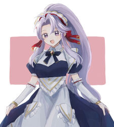 Rule 34 | 1girl, :d, apron, blue dress, detached sleeves, dress, fire emblem, fire emblem: genealogy of the holy war, fire emblem heroes, long hair, looking at viewer, maid apron, maid headdress, nintendo, official alternate costume, open mouth, ponytail, puffy short sleeves, puffy sleeves, purple eyes, purple hair, short sleeves, smile, solo, sortilege0, tailtiu (fire emblem), tailtiu (tea party) (fire emblem), very long hair, white apron, white headdress