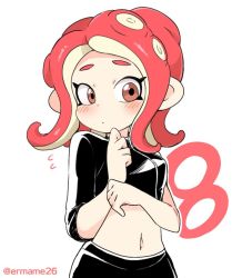 1girl, asymmetrical sleeves, black shirt, black skirt, closed mouth, commentary, crop top, eromame, flying sweatdrops, light blush, light frown, looking at viewer, makeup, mascara, medium hair, midriff, nintendo, number, octoling, pointy ears, red eyes, red hair, shirt, simple background, skirt, solo, splatoon (series), splatoon 2, splatoon 2: octo expansion, squidbeak splatoon, standing, suction cups, tentacle hair, twitter username, white background
