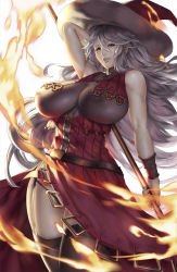 Rule 34 | 10s, 1girl, arm up, armpits, bare shoulders, belt, breasts, cleavage, eu03, fire, garter straps, granblue fantasy, hand in own hair, hat, highres, huge breasts, long hair, looking at viewer, magic, magisa (granblue fantasy), red eyes, see-through, see-through cleavage, silver hair, simple background, skindentation, solo, staff, thighhighs, thighs, white background, witch, witch hat