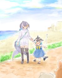 Rule 34 | 4girls, aged down, animal ears, aqua hair, bare shoulders, blonde hair, blowhole, blue whale (kemono friends), blush, boots, bow, bowtie, bracelet, cetacean tail, child, commentary request, common dolphin (kemono friends), dhole (kemono friends), dog ears, dorsal fin, dress, fins, fish tail, grey hair, holding hands, jewelry, kemono friends, kemono friends 3, light brown hair, long hair, meerkat (kemono friends), meerkat ears, moeki (moeki0329), mother and daughter, multicolored hair, multiple girls, nose blush, open mouth, sailor collar, sailor dress, short hair, sleeveless, sweater, sweater dress, tail, thigh boots, thighhighs, translation request, turtleneck, turtleneck sweater, white hair, white sweater, yellow neckwear, zettai ryouiki