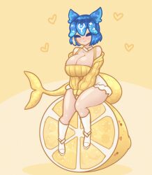 Rule 34 | 1girl, animal ears, animated, bao (vtuber), blue hair, bouncing, bouncing breasts, breasts, cleavage, closed eyes, closed mouth, food, fruit, huge breasts, lemon, limebreaker, solo, tail, virtual youtuber