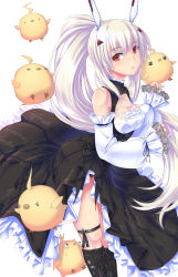 Rule 34 | 1girl, ayanami (azur lane), ayanami (nightfall raiment) (azur lane), azur lane, belt, bird, black footwear, boots, breasts, chick, cleavage, commentary request, detached sleeves, hair between eyes, hair ornament, hairclip, headgear, highres, knee boots, leaning forward, long hair, long sleeves, looking at viewer, manjuu (azur lane), official alternate costume, parted lips, ponytail, red eyes, retrofit (azur lane), side slit, sidelocks, silver hair, simple background, solo, thighlet, tomineko (tomineko p), white background, wide sleeves