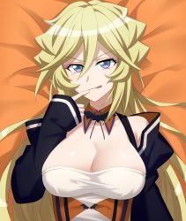 Rule 34 | 1girl, :d, aged up, bat (animal), blonde hair, blue eyes, breasts, cleavage, eyeshadow, halloween, highres, large breasts, long hair, looking at viewer, lying, makeup, miona yui, mole, mole under eye, on back, open mouth, senki zesshou symphogear, shiny skin, smile, solo, tongue, tongue out, upper body, very long hair