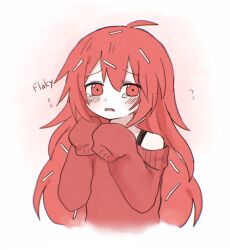 Rule 34 | 1girl, bad id, bad twitter id, blush, flaky (happy tree friends), happy tree friends, highres, humanization, krande, open mouth, red eyes, red hair, red sweater, sad, simple background, sweater, tears
