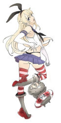 Rule 34 | 10s, 1girl, :d, ass, black panties, blonde hair, blue eyes, elbow gloves, gloves, hairband, innertube, kantai collection, leg up, long hair, looking at viewer, nishieda, open mouth, panties, pantyshot, pleated skirt, rensouhou-chan, sailor collar, shimakaze (kancolle), simple background, skirt, smile, striped clothes, striped thighhighs, swim ring, thighhighs, thong, underwear, upskirt, white background, white gloves
