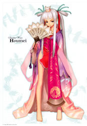 Rule 34 | 1girl, absurdres, barefoot, character name, hand fan, full body, highres, houmei, japanese clothes, kimono, legs, long hair, long legs, purple eyes, sega, shining (series), shining wind, solo, tony taka, twintails, white background, white hair