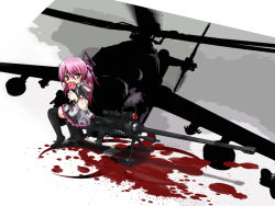 Rule 34 | 1girl, aircraft, anti-materiel rifle, arukana, bad id, bad pixiv id, blood, bracelet, candy, eating, food, gun, helicopter, jewelry, lollipop, long hair, looking back, mi-24, office (soda parfait), original, pink hair, ponytail, rifle, scope, sniper rifle, solo, swirl lollipop, thighhighs, weapon, yellow eyes