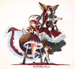 Rule 34 | 2girls, animal ears, bad id, bad twitter id, beige background, blood, blush, brown eyes, character name, corset, dress, ears through headwear, fox tail, full body, high heels, holding, holding knife, hood, kneehighs, knife, looking at viewer, multiple girls, multiple tails, one eye closed, open mouth, planted, pool of blood, purple eyes, red dress, red hood, sheath, simple background, skirt, smile, socks, standing, standing on one leg, tail, text focus, touzai (poppin phl95), weapon, white legwear