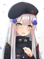 Rule 34 | 1girl, beret, black hat, black jacket, blurry, blurry background, blush, commentary, crying, crying with eyes open, depth of field, facial mark, girls&#039; frontline, gradient background, green eyes, grey background, hair ornament, hand up, happy tears, hat, highres, hk416 (girls&#039; frontline), jacket, jewelry, long hair, long sleeves, looking at viewer, meow nyang, nose blush, open mouth, ring, silver hair, solo, tears, upper body, wedding band, white background