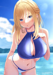 Rule 34 | 1girl, arm behind back, bikini, blonde hair, blue bikini, blue eyes, blush, breasts, cleavage, cloud, commentary request, day, dripping, eyes visible through hair, hand on own chest, highres, kanata (kanade pa), large breasts, layered bikini, leaning to the side, long hair, looking at viewer, navel, open mouth, original, outdoors, shirt, solo, standing, swimsuit, water, wet, wet clothes, wet shirt