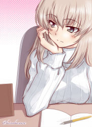 Rule 34 | 10s, 1girl, blue eyes, book, chair, closed mouth, desk, girls und panzer, hand on own cheek, hand on own face, head rest, itsumi erika, light smile, long hair, long sleeves, looking to the side, nakasawa kei, pencil, polka dot, polka dot background, portrait, ribbed sweater, silver hair, sitting, solo, sweater, turtleneck, turtleneck sweater, twitter username, white sweater