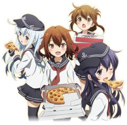 Rule 34 | 10s, 4girls, :d, :o, akatsuki (kancolle), black eyes, black hair, blue eyes, brown eyes, brown hair, fang, folded ponytail, food, hair ornament, hairclip, hibiki (kancolle), ibata shouta, ikazuchi (kancolle), inazuma (kancolle), kantai collection, kantai collection (anime), long hair, multiple girls, official art, one eye closed, open mouth, pantyhose, pizza, pizza box, pizza hut, pizza slice, pleated skirt, product placement, school uniform, serafuku, short hair, silver hair, skirt, smile, thighhighs, transparent background