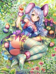 Rule 34 | 1girl, animal ears, ass, basket, blue hair, bow, breasts, cleavage, day, detached sleeves, easter egg, egg, fake animal ears, flower, food, grass, green eyes, holding, holding egg, holding food, long hair, no shoes, official art, on ground, outdoors, pink bow, plaid, plaid legwear, playboy bunny, rabbit ears, rabbit girl, sila (carpen), solo, sunlight, tenka touitsu chronicle, thighs, wristband