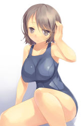 Rule 34 | 1girl, bare shoulders, breasts, brown eyes, brown hair, large breasts, mikage sekizai, one-piece swimsuit, original, school swimsuit, solo, swimsuit, thighs