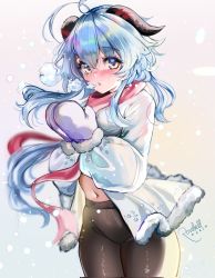 Rule 34 | ahoge, artist name, black pantyhose, blue hair, blush, breath, breathing on hands, coat, cold, curled horns, ganyu (genshin impact), genshin impact, gloves, hands up, highres, horns, long hair, looking at viewer, multicolored eyes, navel, nose blush, open mouth, own hands together, pantyhose, red scarf, rosebell, scarf, sidelocks, snow, snowing, solo, standing, warming hands, winter, winter clothes, winter coat, winter gloves