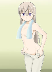 Rule 34 | 1girl, blonde hair, blush, clothes pull, eila ilmatar juutilainen, long hair, navel, pantyhose, pantyhose pull, purple eyes, solo, strike witches, tanaka rikimaru, towel, undressing, white pantyhose, world witches series