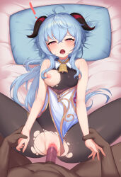 Rule 34 | !, 1boy, 1girl, absurdres, ahoge, alternate hairstyle, bare shoulders, bed sheet, bell, black bodysuit, blue hair, blush, bodysuit, bodysuit under clothes, breasts, censored, clothed female nude male, condom, crossed bangs, dark-skinned male, dark skin, fang, fangs, ganyu (genshin impact), genshin impact, goat horns, hair between eyes, heart, heart-shaped pupils, hetero, highres, horns, long hair, looking at viewer, looking up, lying, medium breasts, mosaic censoring, multicolored eyes, neck bell, nipples, nude, on back, on bed, open mouth, penis, pillow, pink ribbon, purple eyes, pussy, ribbon, sex, sidelocks, sitting, skin fang, skin fangs, solo focus, symbol-shaped pupils, tabard, tongue, tongue out, topu, torn clothes, vaginal, white tabard, yellow eyes