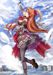 Rule 34 | 1girl, absurdres, ass, black gloves, black pantyhose, blue sky, breasts, brown eyes, brown hair, cityscape, cloud, cloudy sky, day, dress, elbow gloves, feathers, gloves, highres, medium breasts, original, outstretched arms, pantyhose, side ponytail, sky, soyokaze, thighband pantyhose