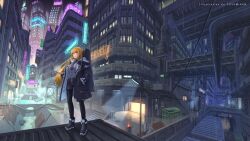 Rule 34 | 1girl, aqua eyes, artist name, black jacket, black necktie, black pantyhose, black shorts, building, city, commission, dumpster, english text, grey shirt, highres, holding, holding phone, instrument case, jacket, long hair, looking at viewer, nagi itsuki, necktie, neon lights, night, open clothes, open jacket, orange hair, original, pantyhose, phone, rain, shipping container, shirt, shirt tucked in, shoes, shorts, skeb commission, solo, standing, urban, water, wide shot