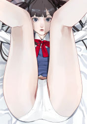 Rule 34 | 1girl, arms up, ass, bed, bed sheet, blue eyes, blue shirt, bow, bowtie, brown hair, cameltoe, collared shirt, crotch seam, expressionless, folded, highres, inamitsu shinji, kneepits, legs, legs up, lips, long hair, long sleeves, looking at viewer, lying, no pants, on back, on bed, original, paid reward available, panties, parted lips, presenting, red bow, red bowtie, school uniform, shirt, solo, spread legs, tareme, thighs, twintails, underwear, white panties