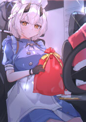 Rule 34 | 1girl, absurdres, apron, bag, black gloves, blue archive, blue dress, blush, braid, breasts, cake, christmas, closed mouth, commentary, dress, feet out of frame, food, french braid, gift bag, gloves, halo, hat, highres, holding, holding bag, horns, large breasts, looking at viewer, mechanical halo, merry christmas, muteppona hito, nurse, nurse cap, orange eyes, sena (blue archive), short hair, short sleeves, sitting, solo, upper body, waist apron, white apron, white hair