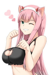 Rule 34 | 10s, 1girl, ;d, animal ears, apron, bare arms, bare shoulders, black bra, blunt bangs, bra, breasts, cat cutout, cat ears, cat lingerie, cleavage, cleavage cutout, clothing cutout, darling in the franxx, frilled apron, frills, fuuma nagi, green eyes, grin, hairband, hands up, heart, horns, kemonomimi mode, large breasts, long hair, meme attire, one eye closed, open mouth, paw pose, pink hair, simple background, smile, solo, straight hair, teeth, underwear, underwear only, upper body, very long hair, white background, white hairband, zero two (darling in the franxx)